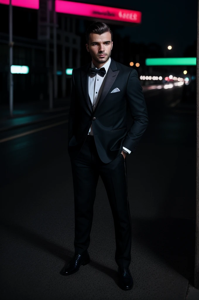 a stock foto image of a elegant man in a street. the street is very luxury, the sky is dramatic and of neon colors. full body shot