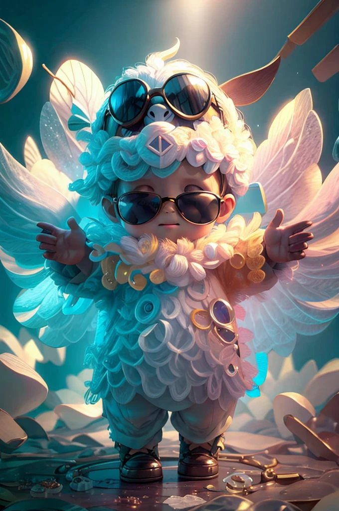 masterpice, a baby 1 year old reading book using a sunglasses with backround multi universe