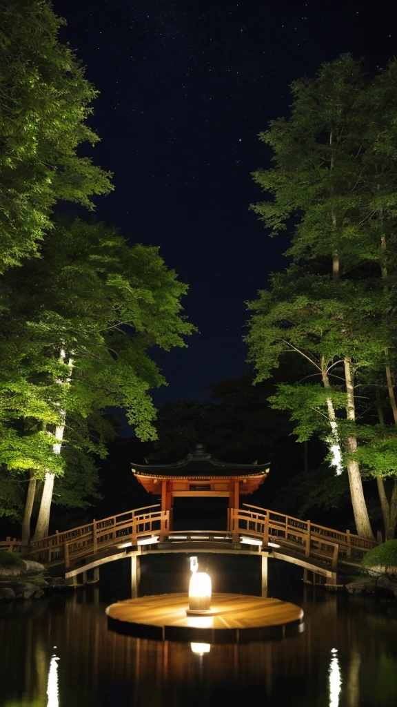 A nightscape inspired by Japanese art, with a garden lit by paper lanterns and a wooden bridge over a tranquil lake. The starry sky is reflected in the water, creating a magical environment. On the shore of the lake, there is a small Zen temple lit by candles, where people come to meditate. The leaves of the trees sway gently in the wind, creating a calm and tranquil atmosphere.