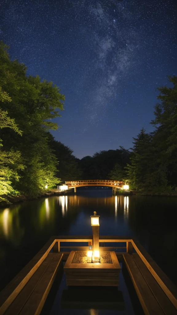 A nightscape inspired by Japanese art, with a garden lit by paper lanterns and a wooden bridge over a tranquil lake. The starry sky is reflected in the water, creating a magical environment. On the shore of the lake, there is a small Zen temple lit by candles, where people come to meditate. The leaves of the trees sway gently in the wind, creating a calm and tranquil atmosphere.