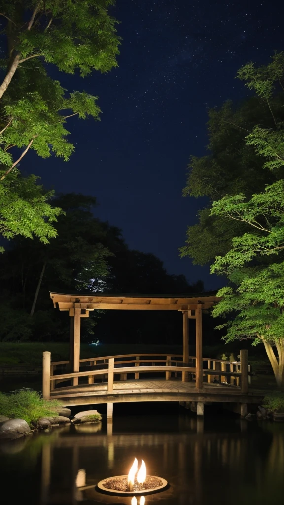 A nightscape inspired by Japanese art, with a garden lit by paper lanterns and a wooden bridge over a tranquil lake. The starry sky is reflected in the water, creating a magical environment. On the shore of the lake, there is a small Zen temple lit by candles, where people come to meditate. The leaves of the trees sway gently in the wind, creating a calm and tranquil atmosphere.