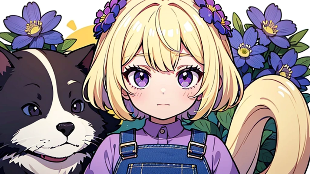 Girl with Purple Shirt, BLACK Overalls, Purple Eyes, Blonde Hair, Flower Crown with Purple & Blue Flowers On Head & Different Animals in the background