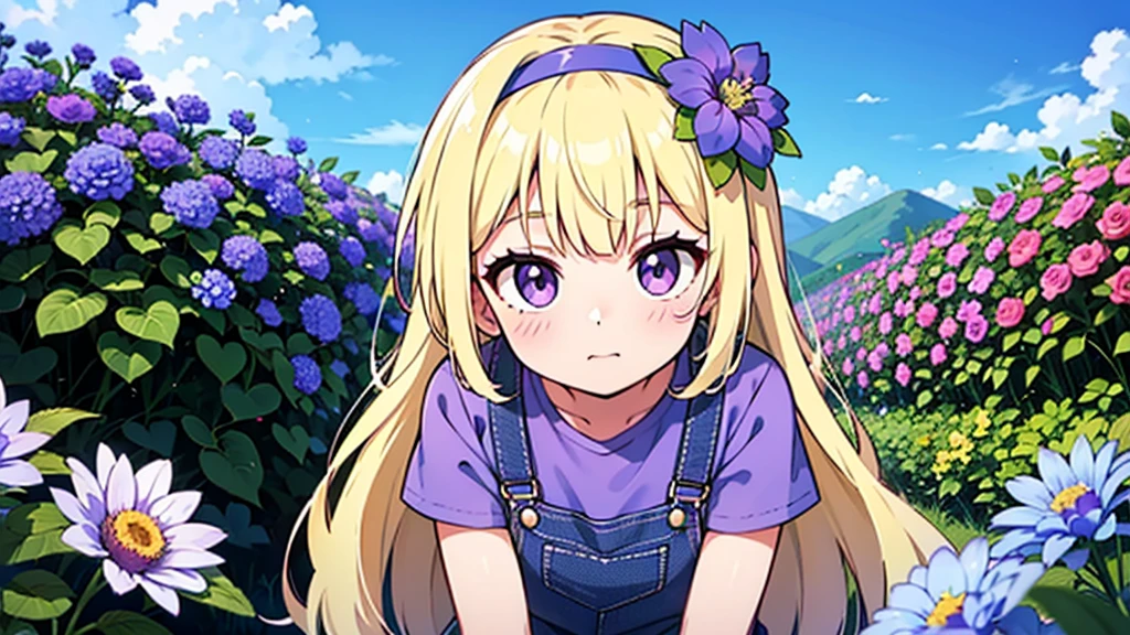 Girl with Purple Shirt, BLACK Overalls, Purple Eyes, Blonde Hair, Flower Crown with Purple & Blue Flowers On Head & Different Animals in the background