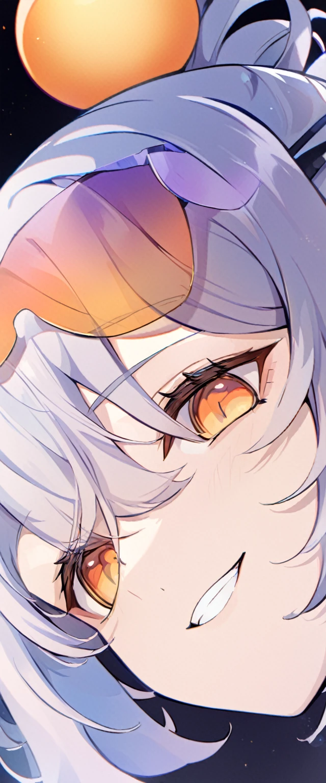 The Minimalists,pretty girl,There is a pair of balls on the head,Black haireworks in the dark background,Bohemian style,Clear lashes,Bright orange eyes,Clean通透的眼珠,Close shot,Man tilts his head towards the camera,Smile flat illustration,geometry,Clean,miHoYo comic illustration
