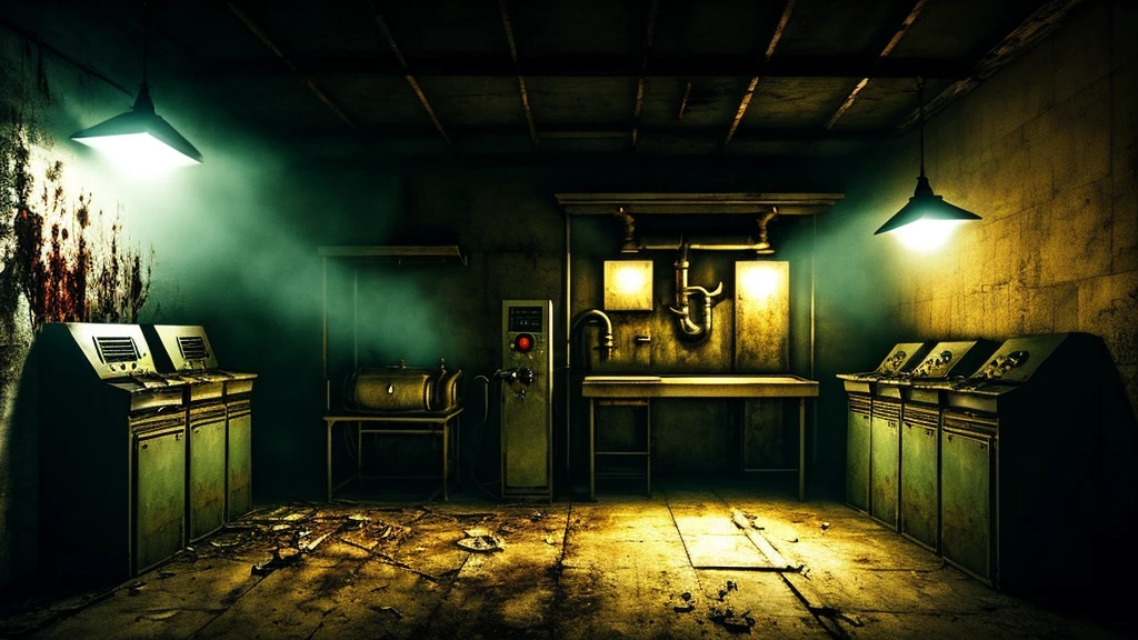 horror creepy boiler room, no lights, hyper realistic, horror, dark background, dark atmosphere, horror lighting, detailed, cinematic lighting