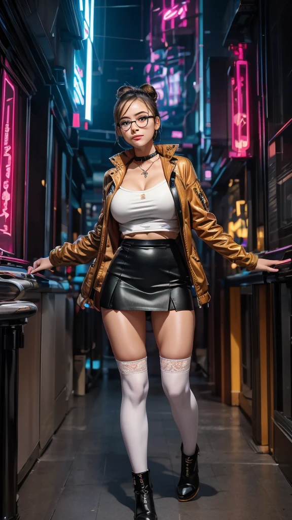 A woman, battle suit, with neon lights, closed helmet on her head, cyberpunk, sexy pose, extreme lights, extreme sharpness, (62k ultra definition), (((masterpiece))), (intricate details), beautiful original design, (Solo), 1girl, hair bun, glasses, , brown jacket, ribbon choker, white shirt, mini skirt, (over the knee socks), (long lace up boots), gigantic breasts, big ass, wide hips, milf body, beautiful eyes, perfect face, better eyes, better hands, better fingers, ,shiraki meiko, ((((best masterpiece)))), ((((ultra detailed)))), high quality, best quality, ((((32K)))), sharp focus, (high-resolution picture), Hand perfect, ,more_details:-1, more_details:0, more_details:0.5, more_details:1, more_details:1.5,meikodef/meikornd
