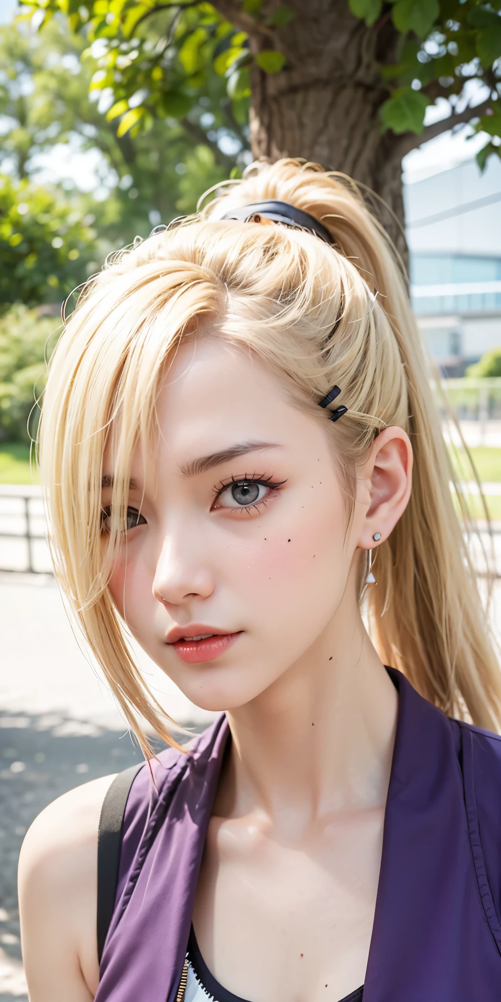 yamanaka ino, hair over one eye, ponytail, hairclip purple crop top, sleeveless, purple skirt, fishnets, earrings, midriff, ultra realistic, high res, highly detail, masterpiece, best quality, blushing, kawaii face, cute face, fighting pose, looking at viewer, blonde hair