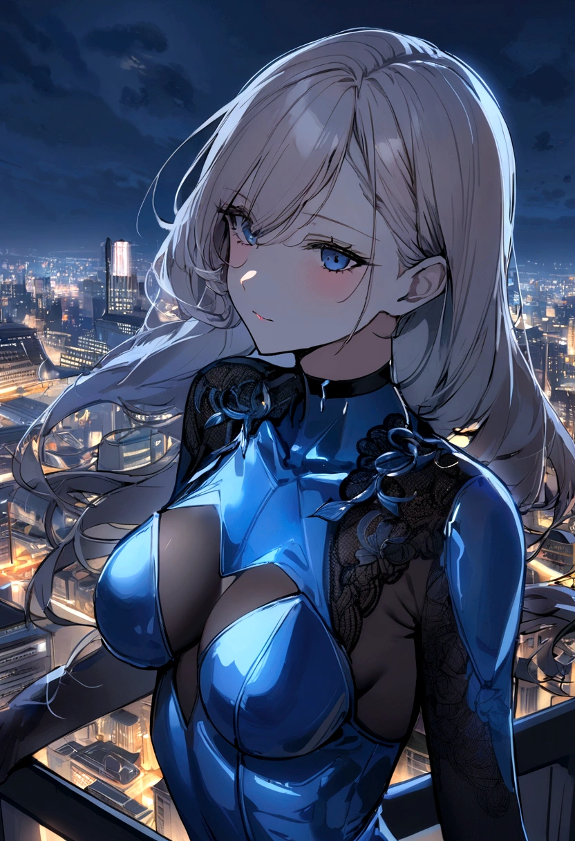 4 female heroines、glamorous slender woman、Upper body view、wearing a blue metallic bodysuit、Standing on the roof of a building overlooking the night view of the big city、