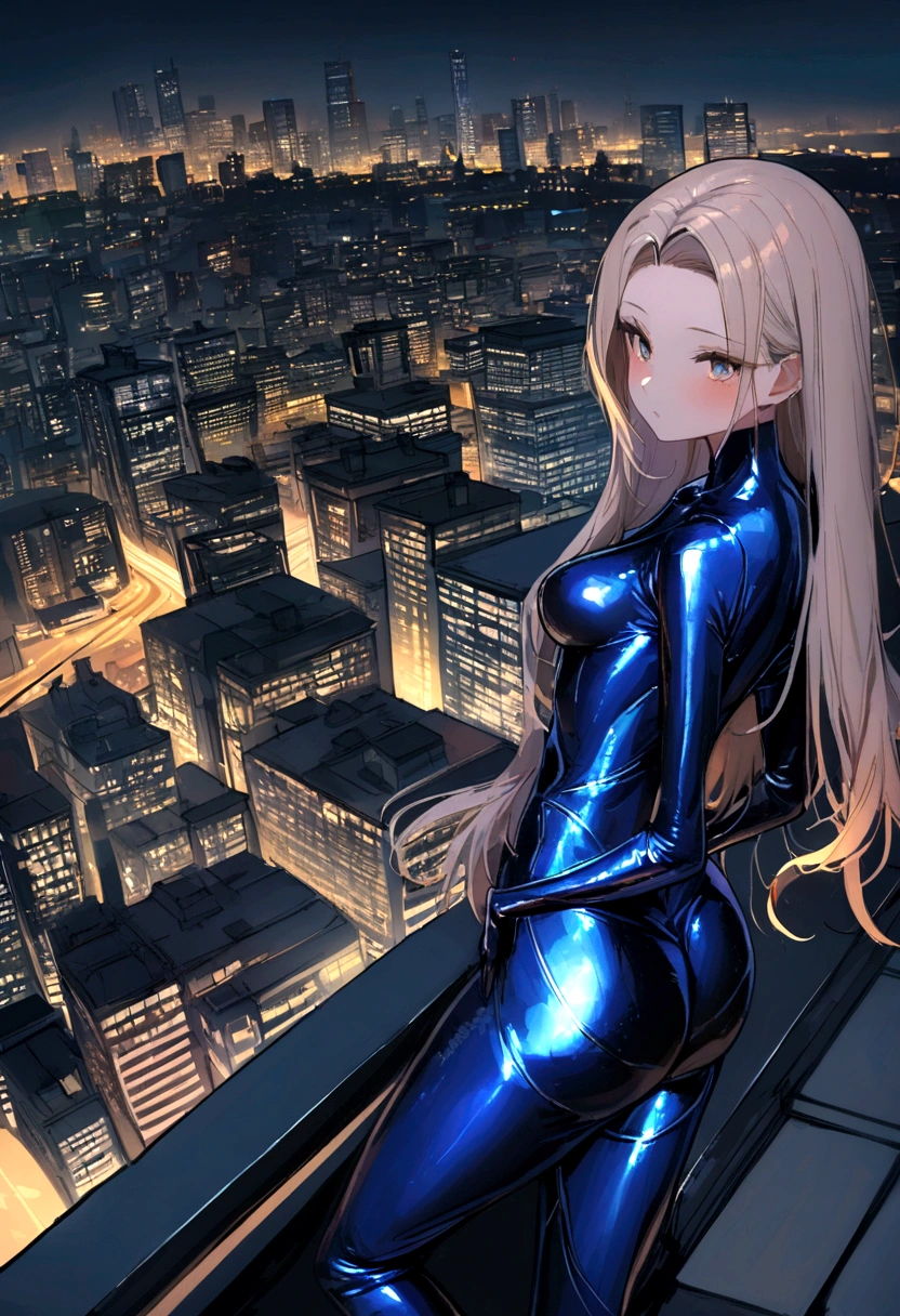 4 female heroines、glamorous slender woman、Upper body view、wearing a blue metallic bodysuit、Standing on the roof of a building overlooking the night view of the big city、