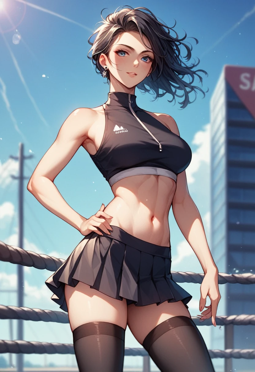  2D anime picture, (anime style 1), single female arrogant boxer, 20 years old, sadistic, Japanese, beautiful black hairstyle, в сексуальном боксёрском наряде with high neck crop top, in short skirt with sport leggings, stands near the boxing ring 