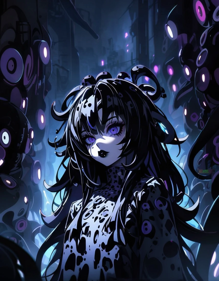 (dark biopunk art), (tentacle biopunk atmosphere), (biopunk girl), gloomy goth girl, pale skin, (long dark hair), smooth hair, black lipstick, (dark lighting), many shadows, cold lights, biopunk art