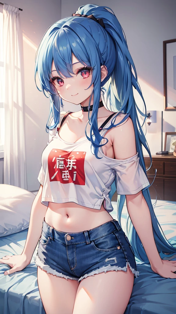 (8k、Best image quality、highest quality、masterpiece)、Detailed face、 One girl、Blue Hair、Long Hair、ponytail、Red eyes、smile、Moderate breasts、((White T-shirt))、Off the shoulder、Black shoulder straps、belly button、((denim short shorts))、Cowboy Shot、Bedroom Background