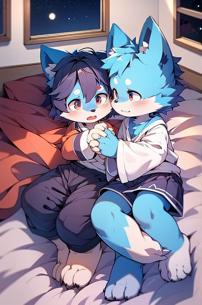 Blue fur, Canine, fox motif, Couple of girls and boys, uniform、Hand in hand,They both cry,bed,night,Sleeping,