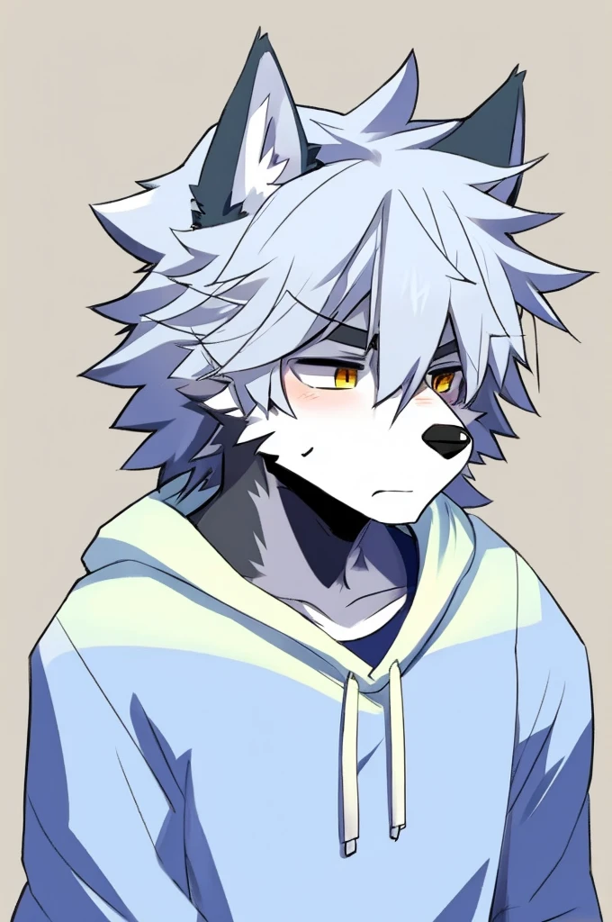 Wolf、Handsome、Messy Hair、Wearing a white hoodie、A tired face