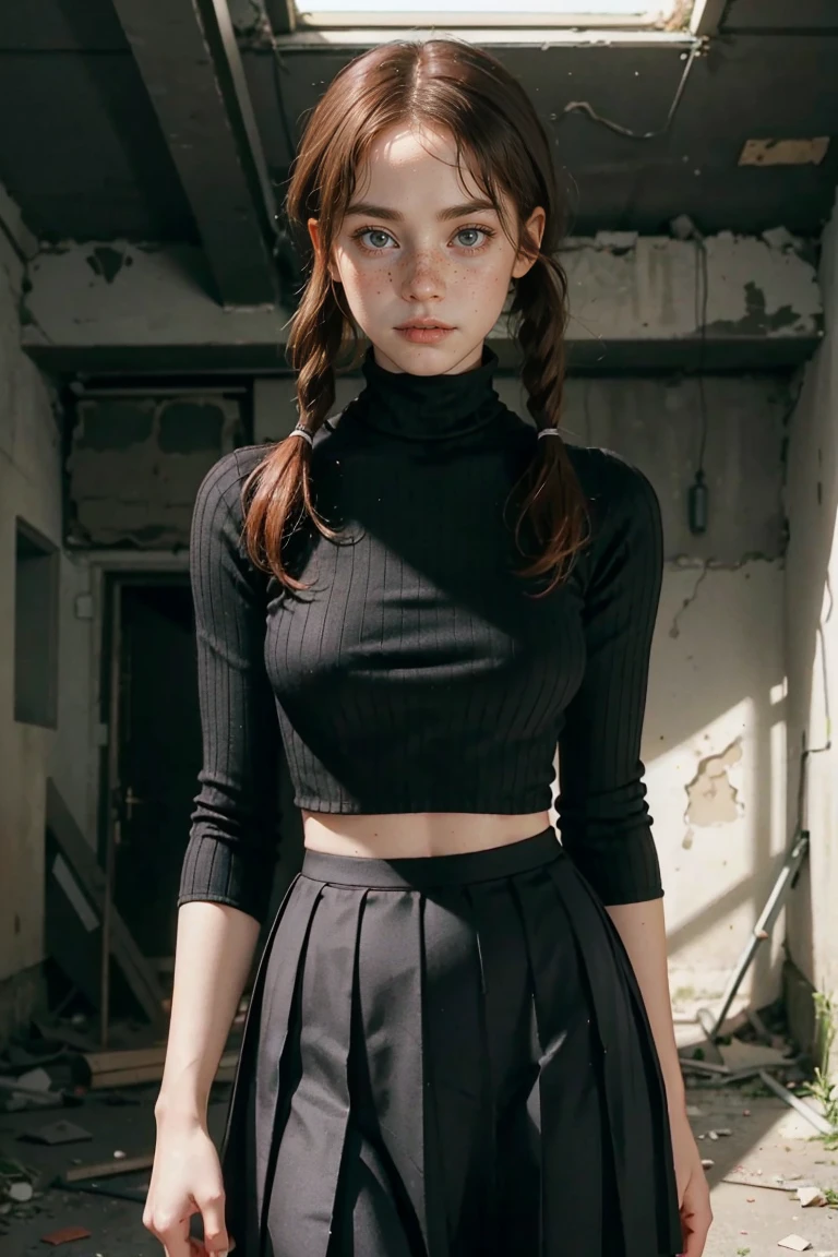 1girl, ginger, freckled face, face freckles, rosy, contemptuous look, 1 girl, solo, pigtails haircut,pale skin, big bust, stand sexy pose, beautiful, ((pleated skirt)), ((black turtleneck)), cleavage, ((in an dark old abandoned black basement)), cold palette
