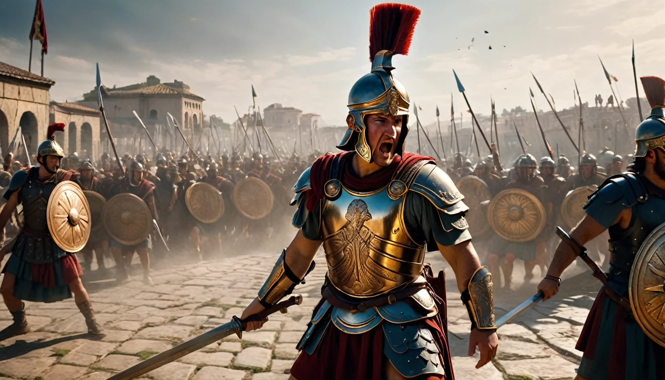 An awe-inspiring cinematic photo of a 27-year-old young man dressed as a Roman soldier, embodying the ancient Roman Empire. His intricate metallic armor glints in the sunlight, adorned with symbols of Roman power and victory. The soldier's face is etched with terror as he grips his sword and shield with fierce determination, engaged in a duel against a fierce enemy. The background depicts a chaotic battle with Gauls, revealing a distant city and the emblem of the 15th Legion of the Roman Army. The atmosphere is rich with historical authenticity, intense drama, and the weight of life-or-death stakes., photo, cinematic