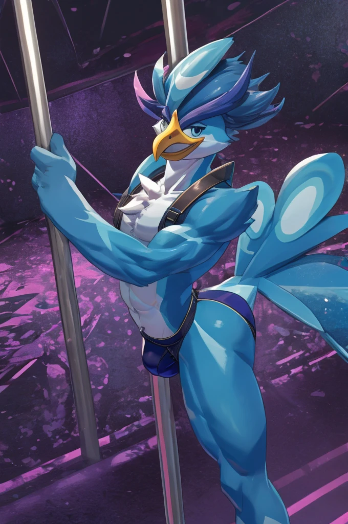 ,full-body-shot:1), (highly detailed:1.2),(detailed face:1.2), ,, ((portrait)), (dynamic pose:1.2), male quaquaval, Pokémon, furry Bird, anthro , wavy long blue hair , sexy slutty male, femboy, pole dancing, bulge on jockstrap , slutty dancer, Lascivious look, smiling lewdly, looking at viewer, Cowboy shot, Chest harness, poledance, pole, twink, Big ass, thick tights, non muscular