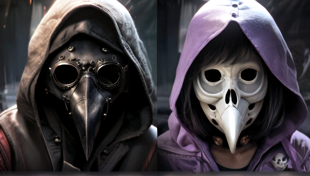 a young man with white skin, middle parted black hair, wearing a black t-shirt, purple hoodie, black pants, and black and white sneakers, detailed facial features, realistic, photorealistic, high quality, 8k, masterpiece, ultra-detailed, physically-based rendering, vivid colors, dramatic lighting barn owl mask, owl mask, bird mask, broken mask, wearing barn owl mask, ( ( mask ) ), ghost mask, ((skull)), masked, raven mask, the masks come off at night, the mask is broken, plague mask, plague doctor mask, skull mask, mask, dark abstract background