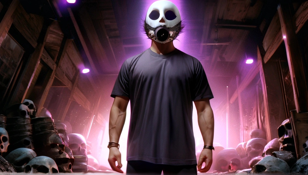 a young man with white skin, middle parted black hair, wearing a black t-shirt, purple hoodie, black pants, and black and white sneakers, detailed facial features, realistic, photorealistic, high quality, 8k, masterpiece, ultra-detailed, physically-based rendering, vivid colors, dramatic lighting barn owl mask, owl mask, bird mask, broken mask, wearing barn owl mask, ( ( mask ) ), ghost mask, ((skull)), masked, raven mask, the masks come off at night, the mask is broken, plague mask, plague doctor mask, skull mask, mask, dark abstract background