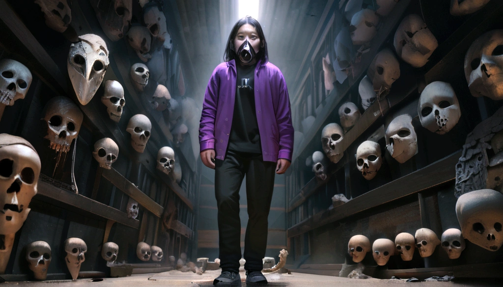 a young man with white skin, middle parted black hair, wearing a black t-shirt, purple hoodie, black pants, and black and white sneakers, detailed facial features, realistic, photorealistic, high quality, 8k, masterpiece, ultra-detailed, physically-based rendering, vivid colors, dramatic lighting barn owl mask, owl mask, bird mask, broken mask, wearing barn owl mask, ( ( mask ) ), ghost mask, ((skull)), masked, raven mask, the masks come off at night, the mask is broken, plague mask, plague doctor mask, skull mask, mask, dark abstract background