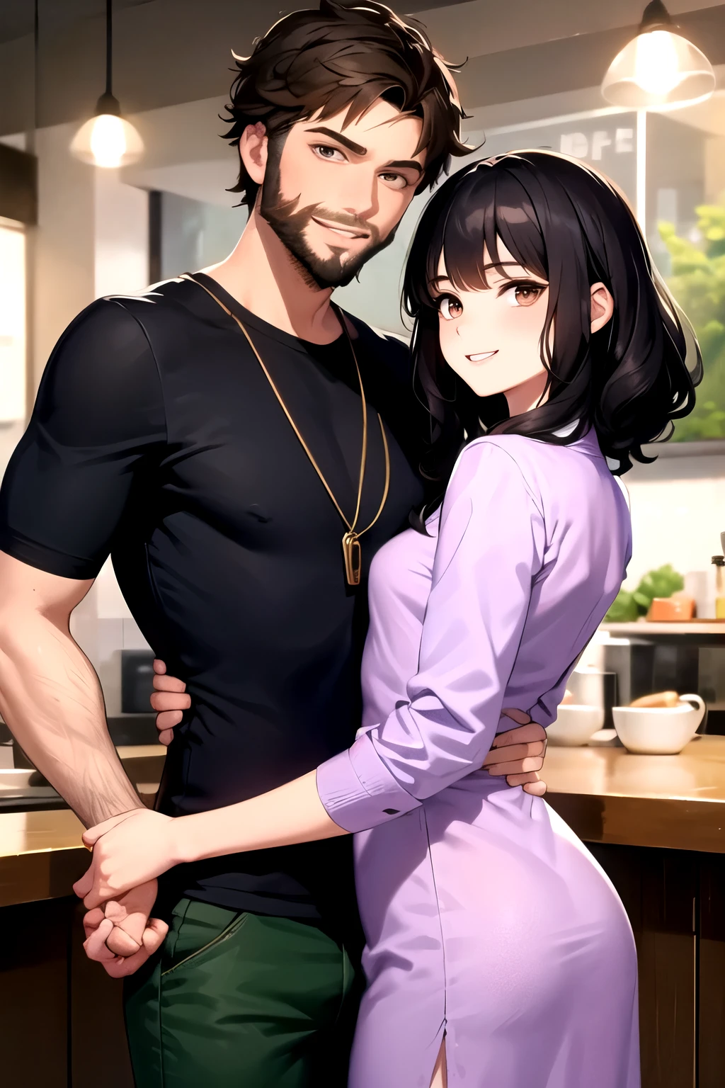mejor calidad, dibujo pareja, brunette man with beard and dark hair, Brown eyes, camisa verde, dark pants wavy woman not so curly black hair and smiling with lilac dress, ojos cafes