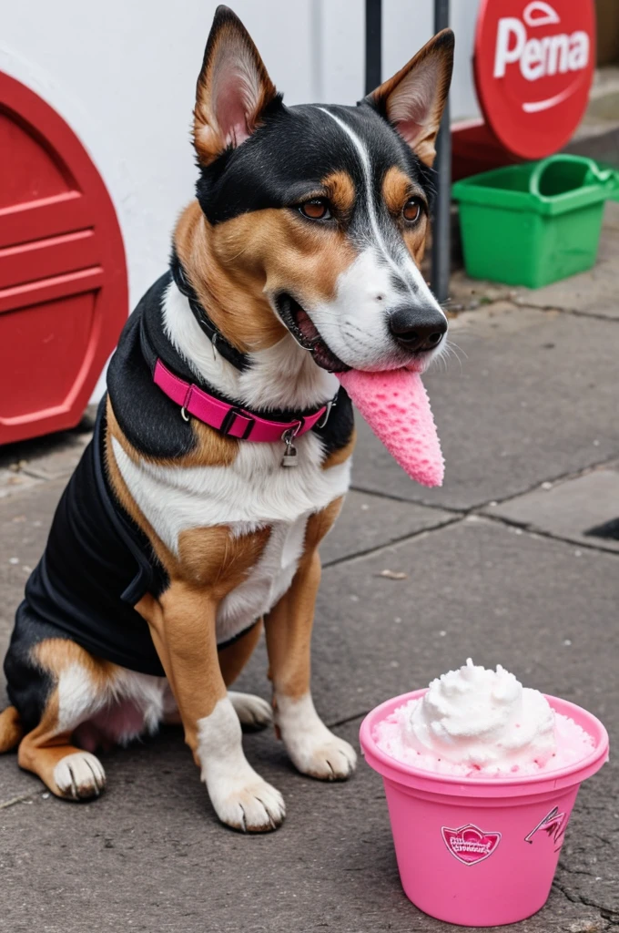 Perro anauser con ropa deportiva comoendo helado de fresa