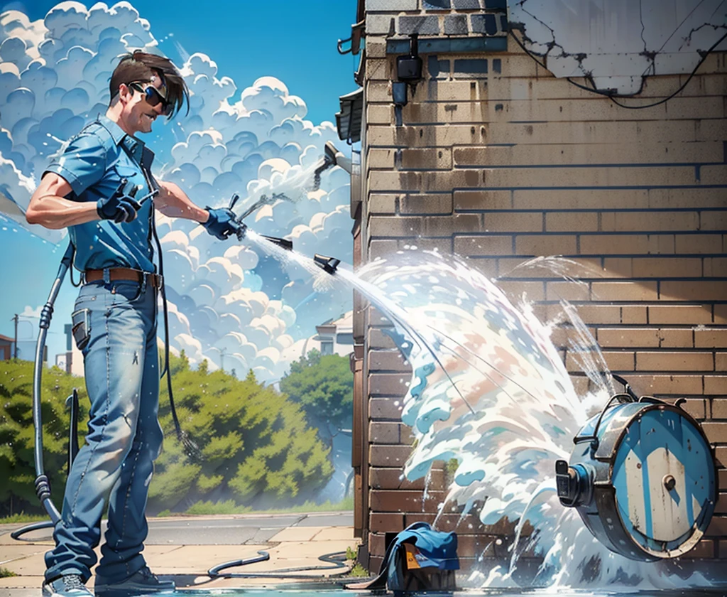 Sunny day, low angle shot, ((man in jeans and blue buttoned shirt using a long power washer on a house)) , white siding, (cool sunglasses), (dynamic pose:1.8), smiling confidently, powerful water flowing, work truck in background on the street, masterpiece, ((high quality)) , 8k, detailed 