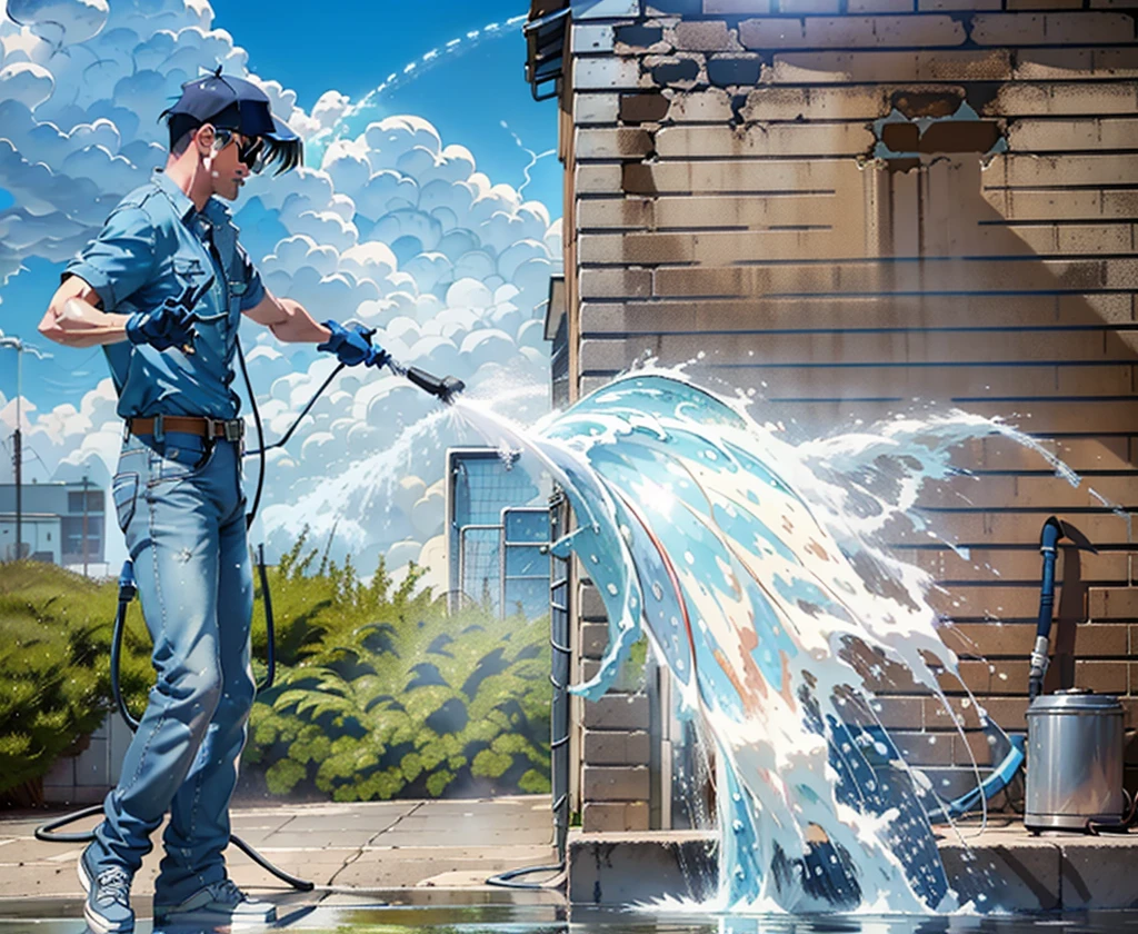 Sunny day, low angle shot, ((man in jeans and blue buttoned shirt using a long power washer on a house)) , white siding, (cool sunglasses), (dynamic pose:1.8), smiling confidently, powerful water flowing, work truck in background on the street, masterpiece, ((high quality)) , 8k, detailed 