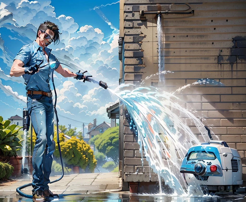 Sunny day, low angle shot, ((man in jeans and blue buttoned shirt using a long power washer on a house)) , white siding, (cool sunglasses), (dynamic pose:1.8), smiling confidently, powerful water flowing, work truck in background on the street, masterpiece, ((high quality)) , 8k, detailed 