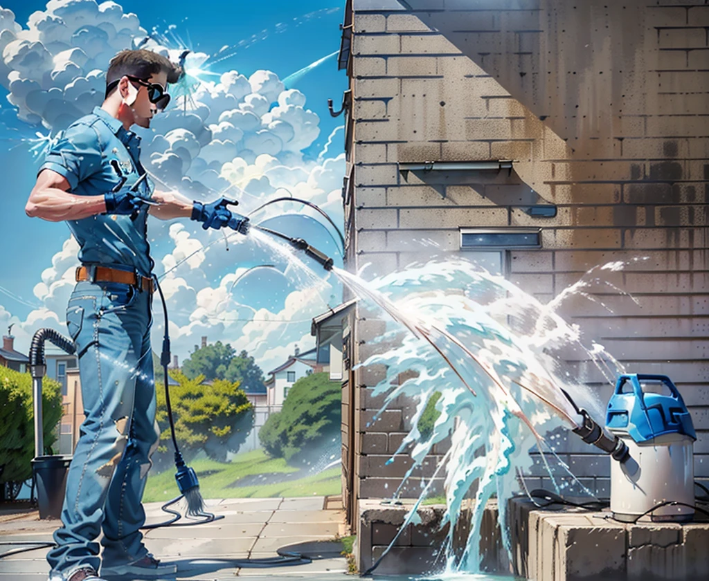 Sunny day, low angle shot, ((man in jeans and blue buttoned shirt using a long power washer on a house)) , white siding, (cool sunglasses), (dynamic pose:1.8), smiling confidently, powerful water flowing, work truck in background on the street, masterpiece, ((high quality)) , 8k, detailed 