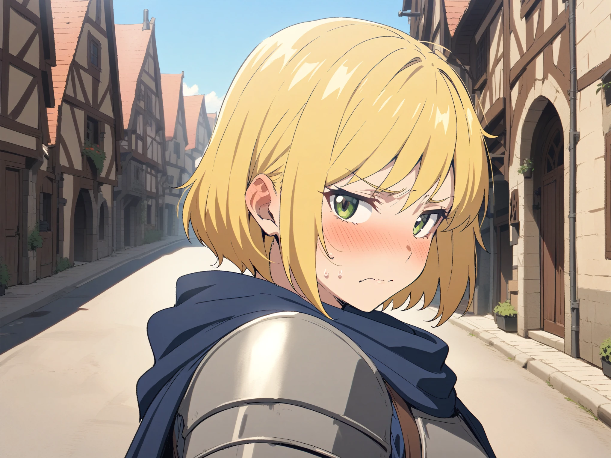 {{upper body, face focus, pov, from side}} {{Artist: Sincos}} 1girl, solo, muscular female, mature female, androgynous, tomboy, embarrassed, flustered, blonde hair, very short hair, bob cut, green eyes,plate armor, flat chest, blue cloth, blue cloak, leather belt, looking to side, looking at viewer, closed mouth, in town, day, beautiful, medieval fantasy.