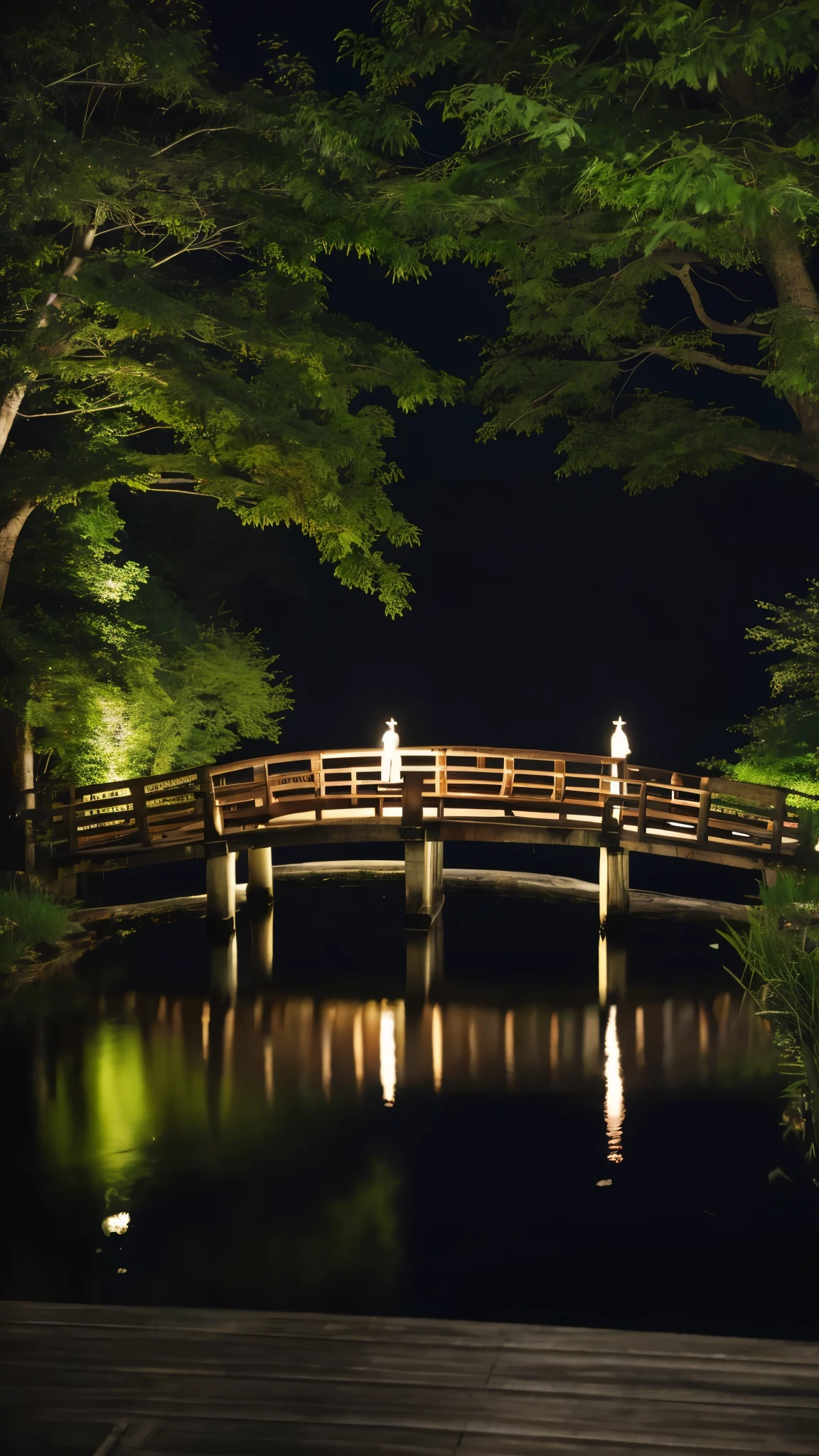 A nightscape inspired by Japanese art, with a garden lit by paper lanterns and a wooden bridge over a tranquil lake. The starry sky is reflected in the water, creating a magical environment. On the shore of the lake, there is a small Zen temple lit by candles, where people come to meditate. The leaves of the trees sway gently in the wind, creating a calm and tranquil atmosphere.