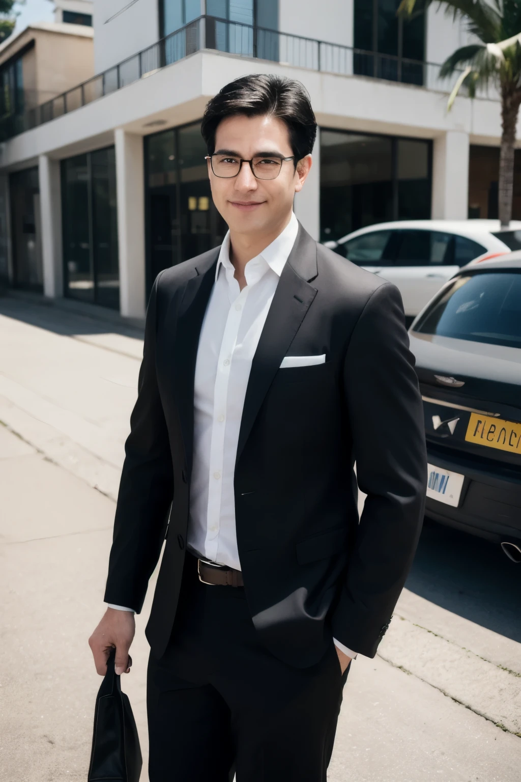 ultra realistic, white man, real life, celebrating, suit, with brazilian house and car in the background, short black hair, muscular, humble, happiness, specialist, salesman, glasses, sit idly by, brazilian man