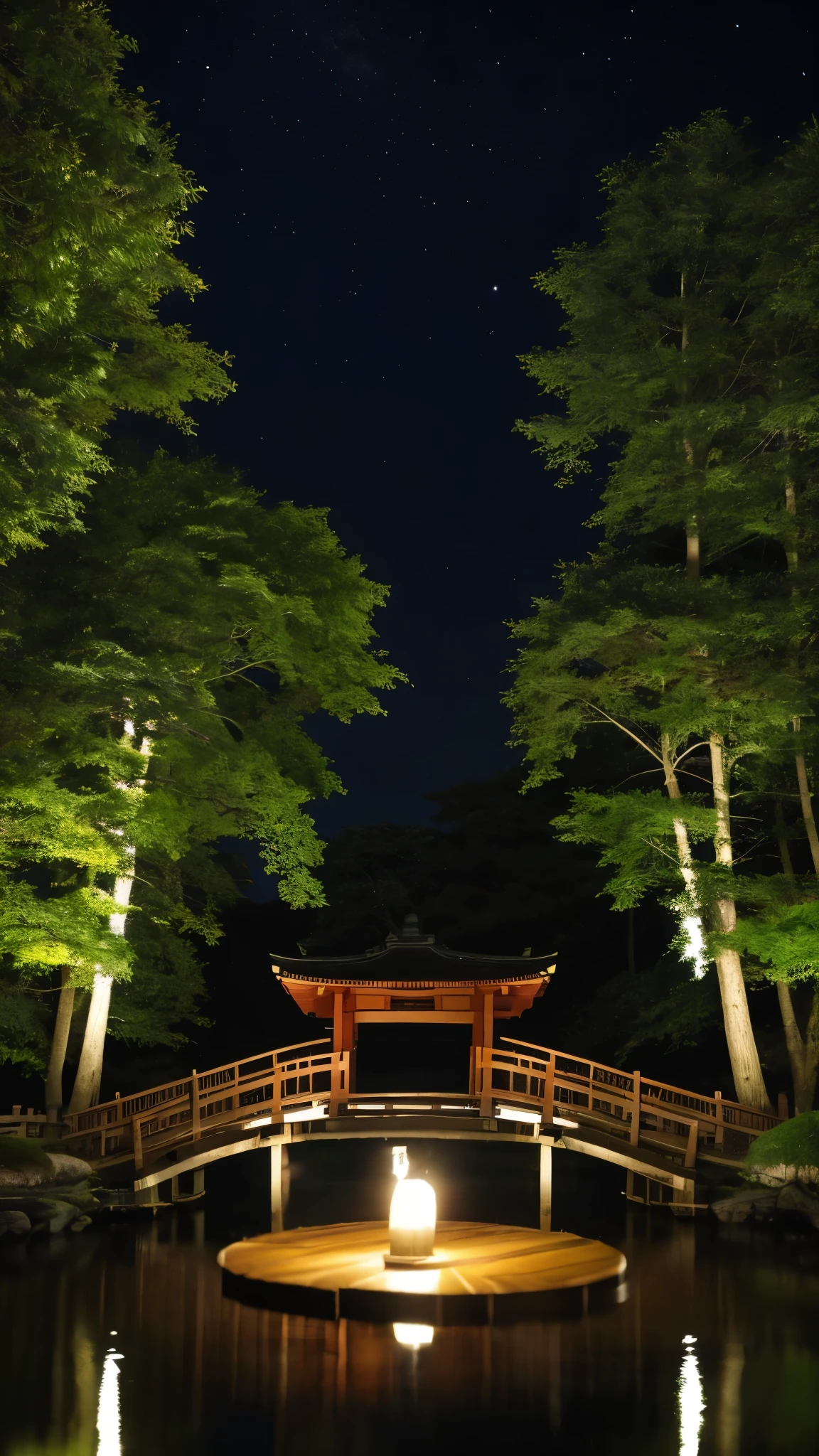 A nightscape inspired by Japanese art, with a garden lit by paper lanterns and a wooden bridge over a tranquil lake. The starry sky is reflected in the water, creating a magical environment. On the shore of the lake, there is a small Zen temple lit by candles, where people come to meditate. The leaves of the trees sway gently in the wind, creating a calm and tranquil atmosphere.