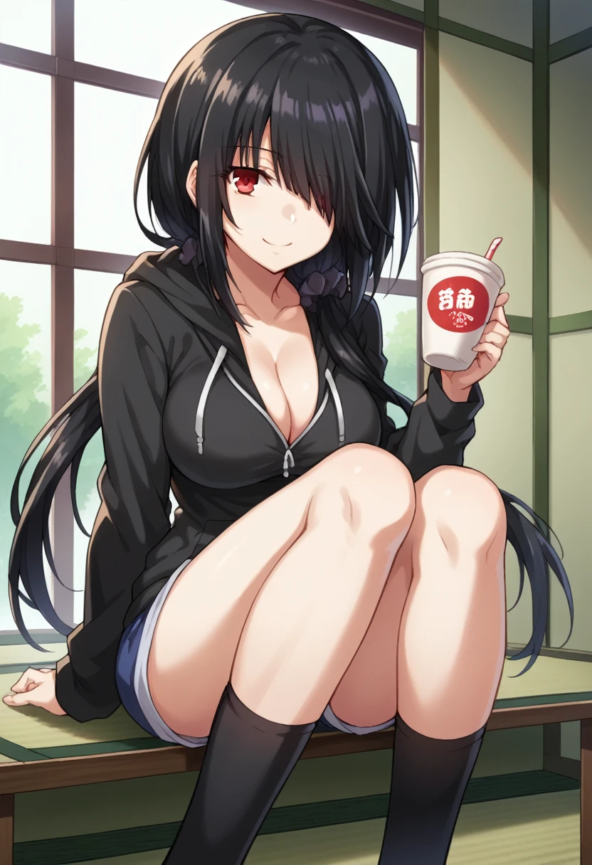 score_9, score_8_up, score_7_up, anime_font,
kurumitokisaki,
kurumi tokisaki, black hair, red eyes, long hair, hair over one eye, two tails, two low tails, smile,
dutch angle, looking at viewer, alone, cowboy shot, alone, breasts, looking_at_viewer, big_breasts, cleavage, sitting, choke, food, shorts, socks, indoors, hoodie, cup, knee-highs, shorts, hoodie, table, scrunchie , hoodie, black_socks, scrunchie, tatami, indian_style