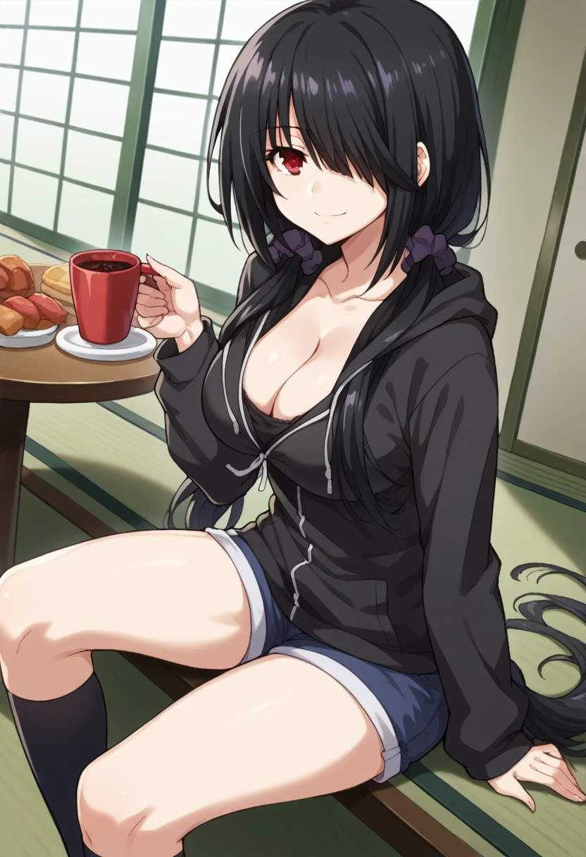 score_9, score_8_up, score_7_up, anime_font,
kurumitokisaki,
kurumi tokisaki, black hair, red eyes, long hair, hair over one eye, two tails, two low tails, smile,
dutch angle, looking at viewer, alone, cowboy shot, alone, breasts, looking_at_viewer, big_breasts, cleavage, sitting, choke, food, shorts, socks, indoors, hoodie, cup, knee-highs, shorts, hoodie, table, scrunchie , hoodie, black_socks, scrunchie, tatami, indian_style