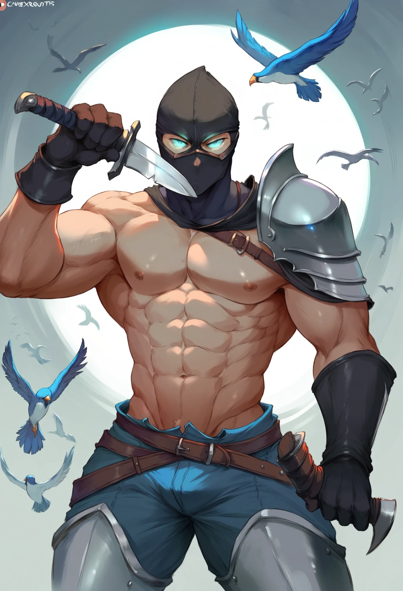 cutesexyrobutts style, 1boy, male_focus, mask, weapon, solo, blue_eyes, holding, glowing, bird, looking_at_viewer, abs, holding_weapon, muscular_male, gloves, muscular, pectorals, glowing_eyes, mouth_mask, knife, armor