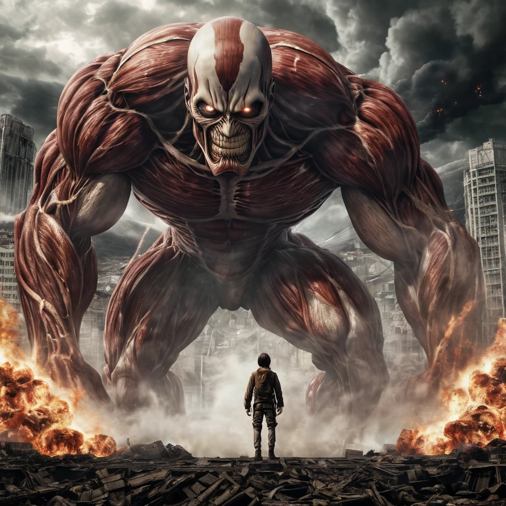 A photorealistic portrait of the Attack on Titan anime ending, featuring shinigami Light yagami in his Titan form battling the colossal Titan. Light yagami as a titan, The portrait captures every detail of the scene, from the expressions on the characters' faces to the smoke and fire in the background. (masterpiece:1.2) (illustration:1.2) (best quality) (detailed) (intricate) (8k) (HDR) (wallpaper) (cinematic lighting) (sharp focus)