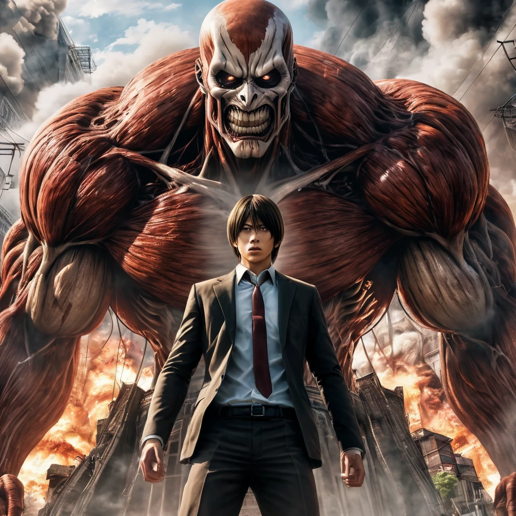 A photorealistic portrait of the Attack on Titan anime ending, featuring shinigami Light yagami in his Titan form battling the colossal Titan. Light yagami as a titan, The portrait captures every detail of the scene, from the expressions on the characters' faces to the smoke and fire in the background. (masterpiece:1.2) (illustration:1.2) (best quality) (detailed) (intricate) (8k) (HDR) (wallpaper) (cinematic lighting) (sharp focus)