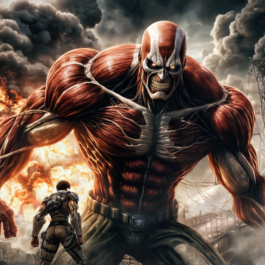 A photorealistic portrait of the Attack on Titan anime ending, featuring shinigami Light yagami in his Titan form battling the colossal Titan. Light yagami as a titan, The portrait captures every detail of the scene, from the expressions on the characters' faces to the smoke and fire in the background. (masterpiece:1.2) (illustration:1.2) (best quality) (detailed) (intricate) (8k) (HDR) (wallpaper) (cinematic lighting) (sharp focus)