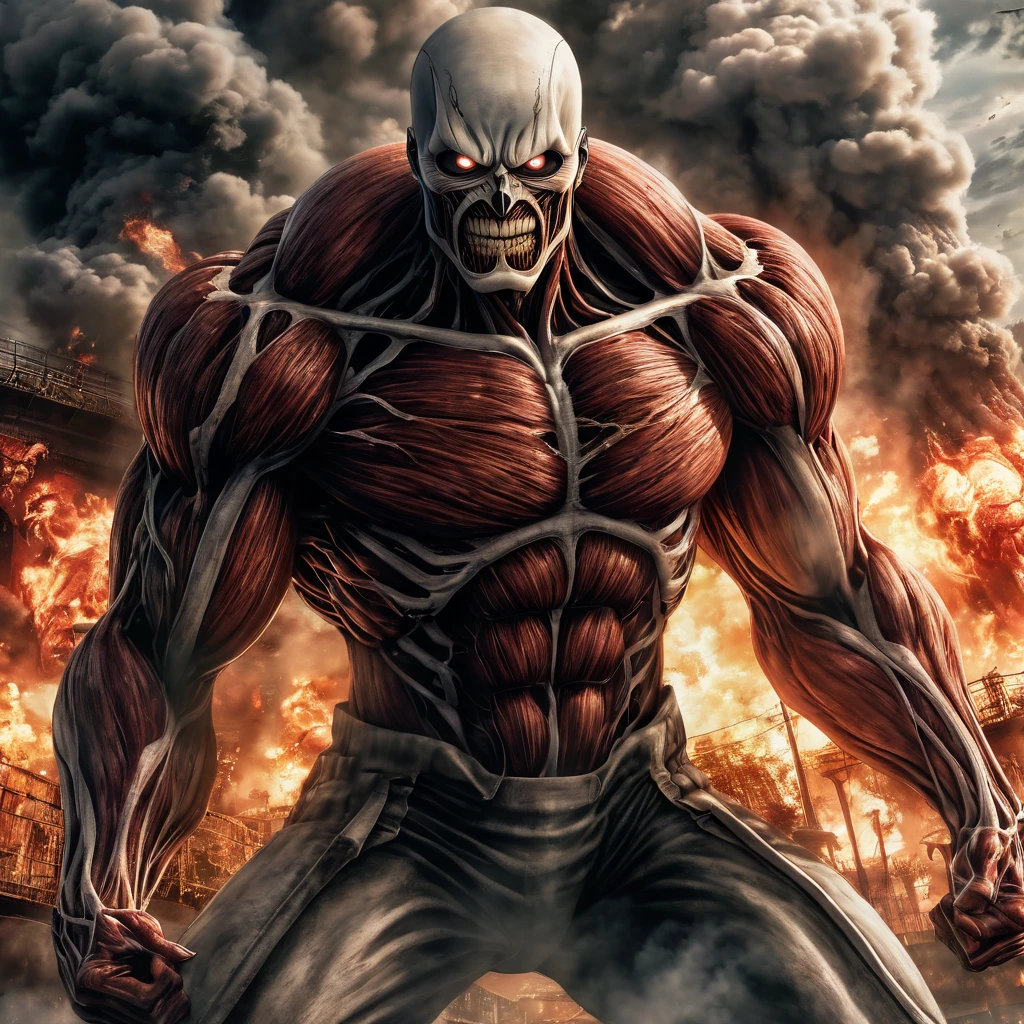 A photorealistic portrait of the Attack on Titan anime ending, featuring shinigami Light yagami in his Titan form battling the colossal Titan. Light yagami as a titan, The portrait captures every detail of the scene, from the expressions on the characters' faces to the smoke and fire in the background. (masterpiece:1.2) (illustration:1.2) (best quality) (detailed) (intricate) (8k) (HDR) (wallpaper) (cinematic lighting) (sharp focus)