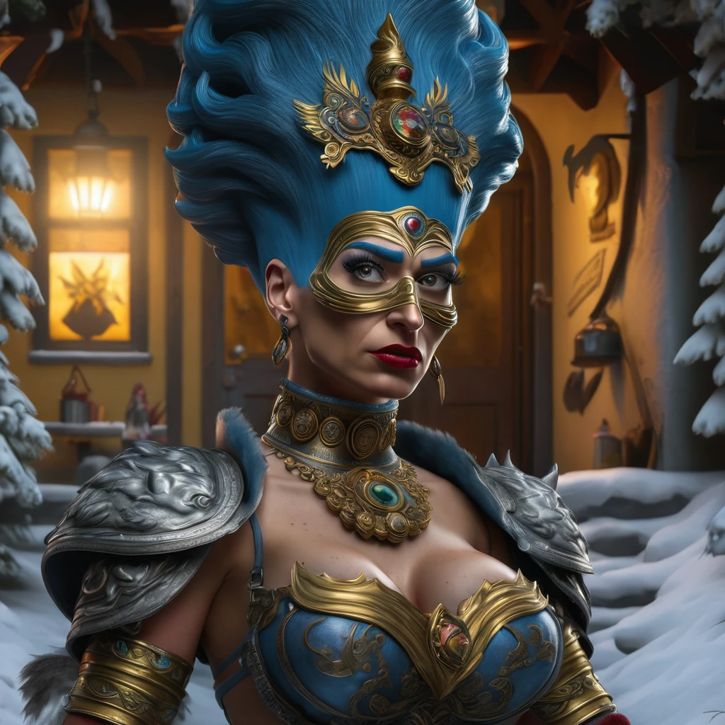 4k highly detailed realistic digital extremely high quality RAW photograph, a portrait photo of Marge Simpson that lived with wolves her whole life is now leading them to battle. torn clothes exposing (nude:1.4) body, armored pauldrons, fangs, curled horns, big breasts, ((snow and blood)), ((wolf tattoos)), epic, hyperrealistic, hyperrealism, 8k, cinematic lighting, greg rutkowski, wlop, (f1.8 short focus bokeh)
