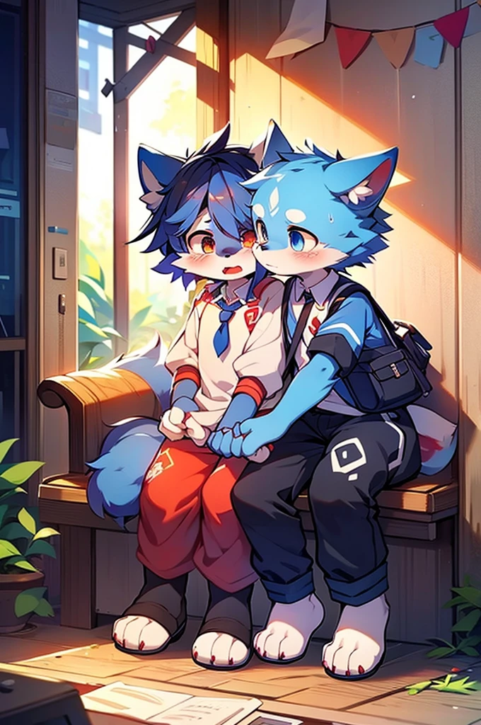 Blue fur, Canine, fox motif, Couple of girls and boys, uniform、Hand in hand，They both cry，lots of tears from the eyes，