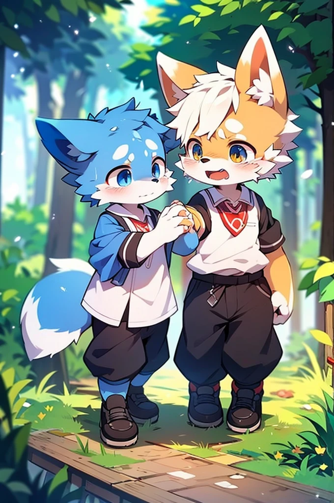 Blue fur, Canine, fox motif, Couple of girls and boys, uniform、Hand in hand,They both cry,lots of tears from the eyes,