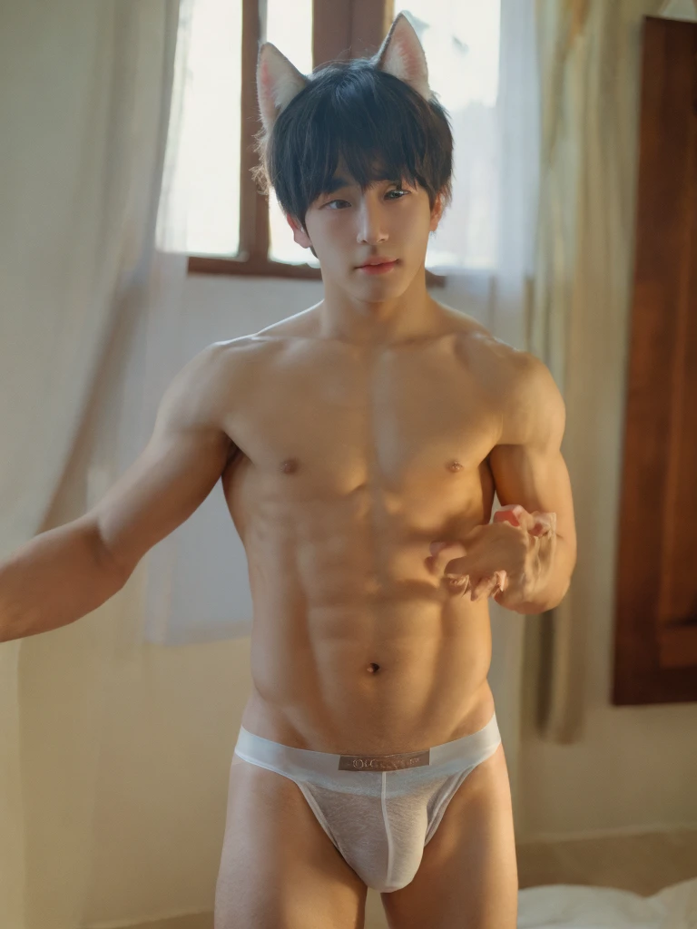 two boy, 18 year old, muscular man, korean, topless, wearing cat ears, wearing white jockstrap or thong, sexy, soft light, Masterpiece, best quality, photo realistic, in room.