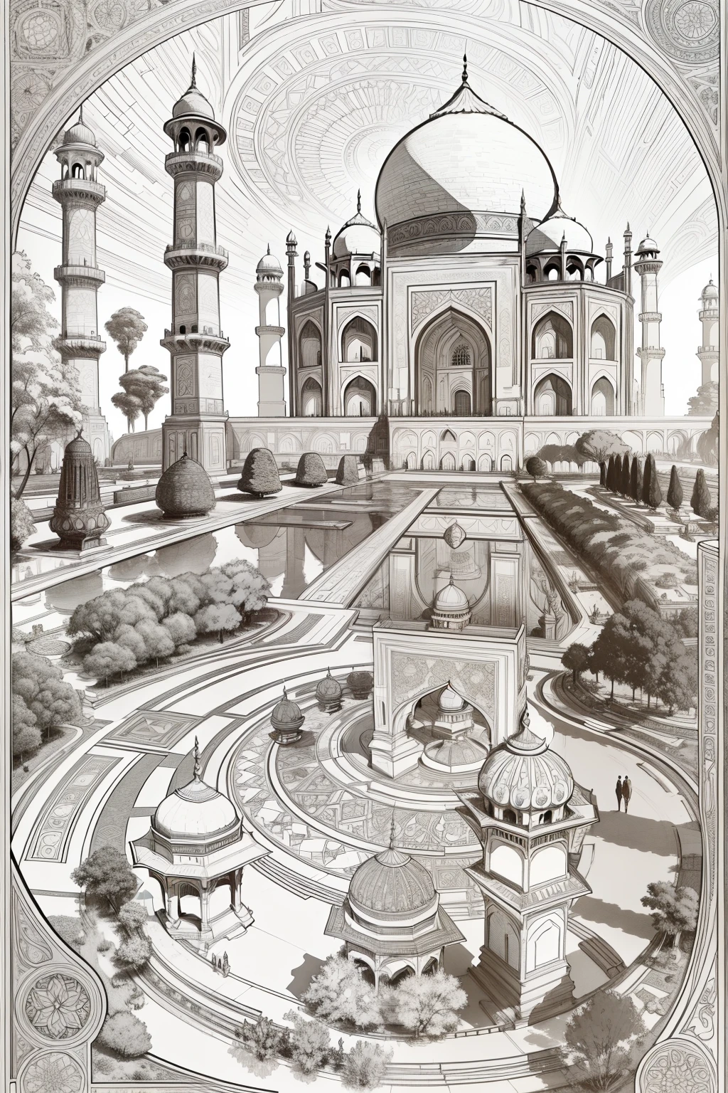 Book page coloring art, All-white background, Use only outlines, line art, coloring book, Clean line art, For coloring Simple and clean line art, coloring book page, With a brush of Alphonse Mucha, perfect detail, A famous historical monument like the Taj Mahal, with its majestic white domes and minarets. There are tourists admiring the structure, and lush gardens in the foreground.
Elements: The Taj Mahal, tourists, gardens, fountains, and pathways.