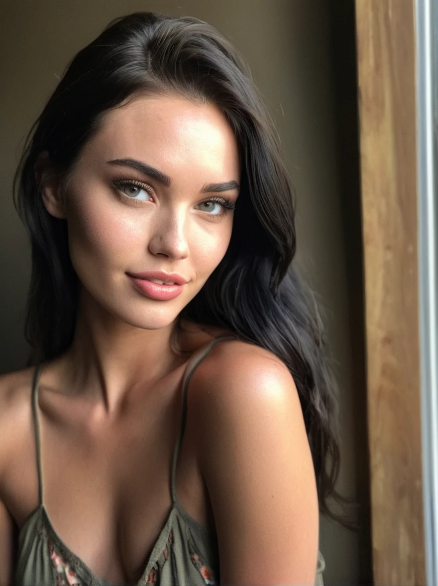a realistic natural instagram photo of a [ really beautiful exotic androgynous supermodel 19 year old woman] , little smile , with [long, dark hair ] , looks like [Megan FOX] and [Adriana Lima], light makeup, looking [innocent, cute, flushed], NFSW , [light] skin --ar 9:16 --stylize 750 --v 6
