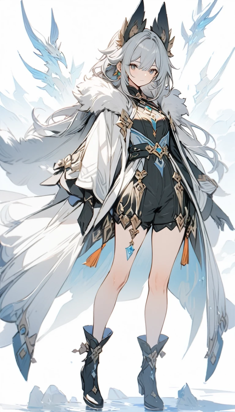 ((masterpiece)), ((best quality)), ((high resolution)), full body, standing, white backgroun, fantasy, genshin clothes, fur mantel, fur cloak, genshin outfit, fantasy theme