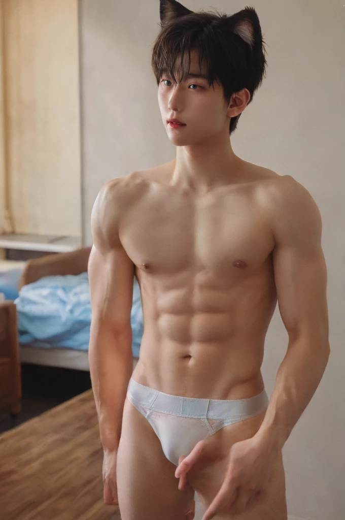 two boy, 18 year old, muscular man, korean, topless, wearing cat ears, wearing white jockstrap or thong, sexy, soft light, Masterpiece, best quality, photo realistic, in room.