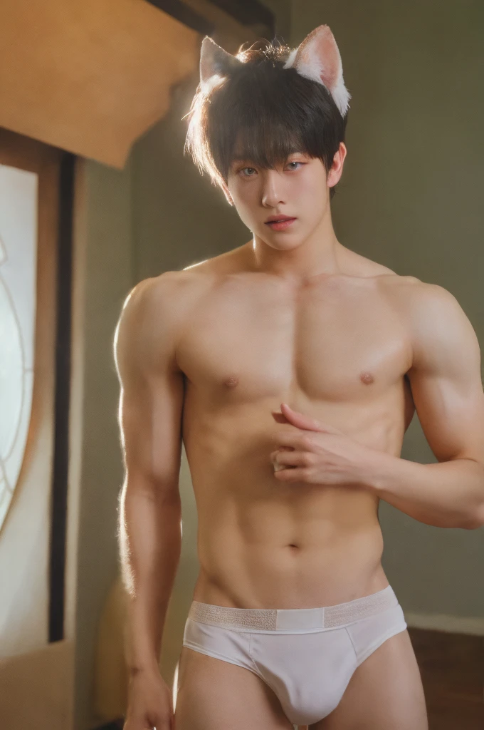 two boy, 18 year old, muscular man, korean, topless, wearing cat ears, wearing white jockstrap or thong, sexy, soft light, Masterpiece, best quality, photo realistic, in room.